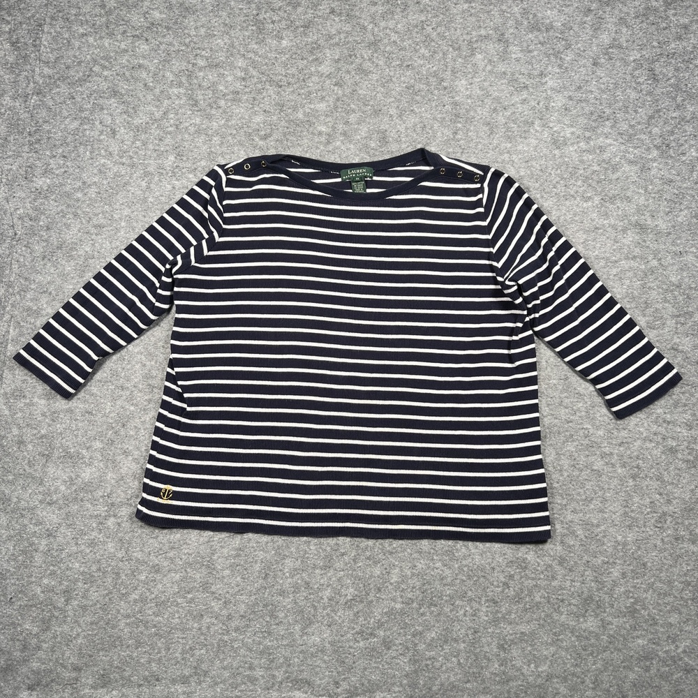 Lauren Ralph Lauren Sweater Womens 1X Blue Striped Boat Neck Pullover Embroider